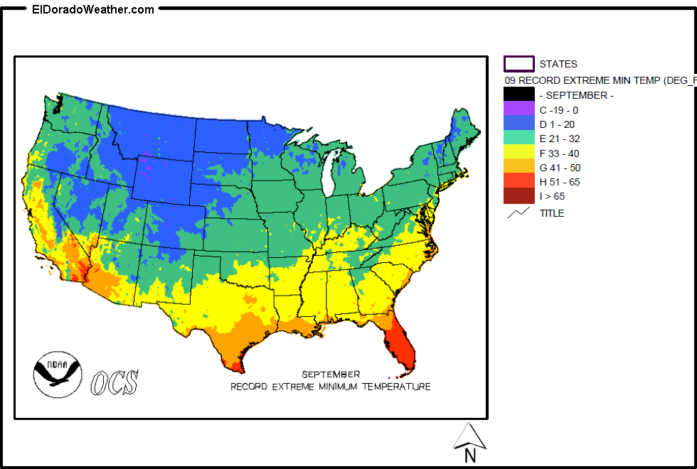 United States September Record Extreme Minimum Temperature